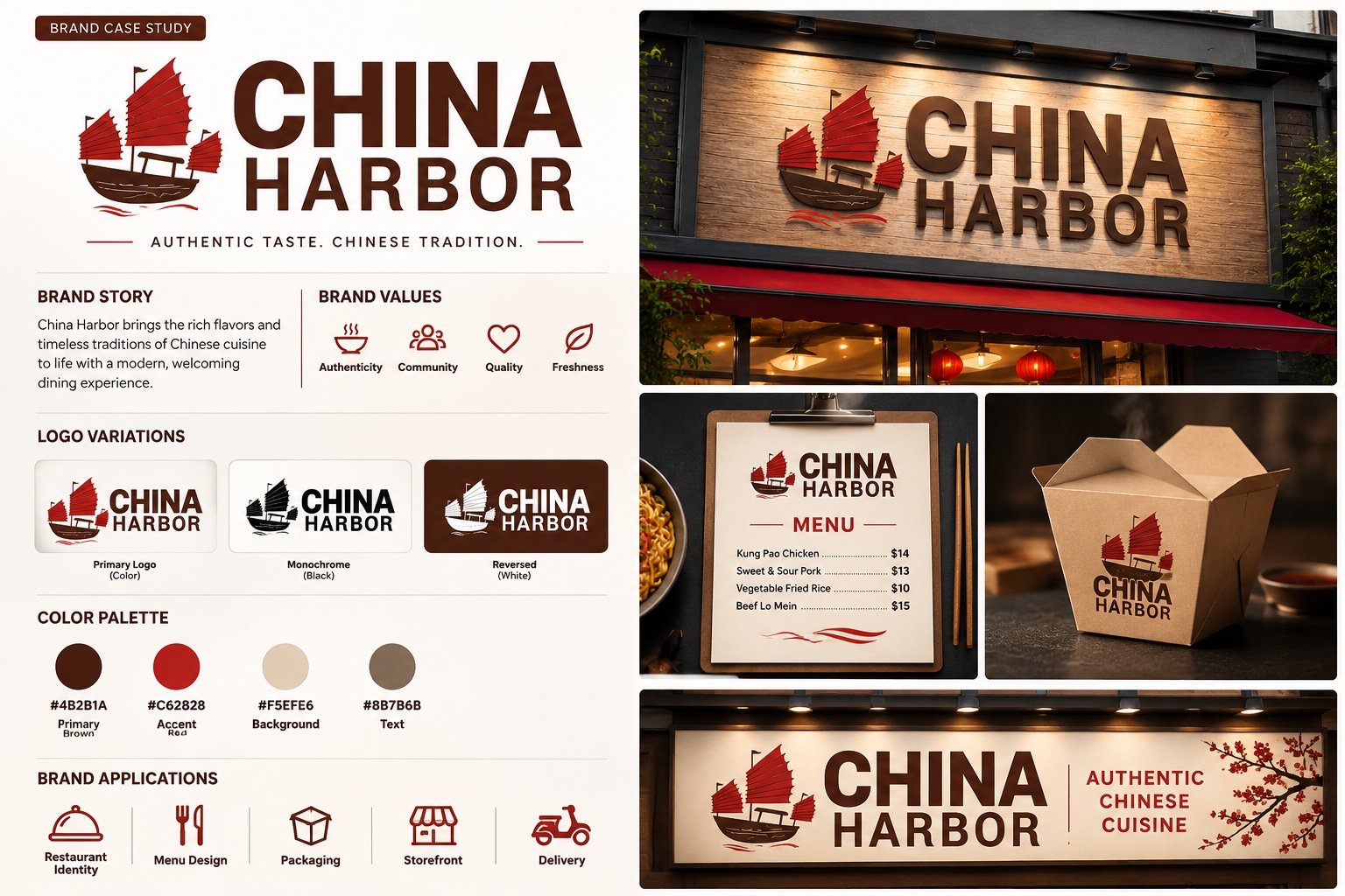China Harbor brand identity case study showing logo variations, color palette, menu, takeaway packaging, and restaurant signage.