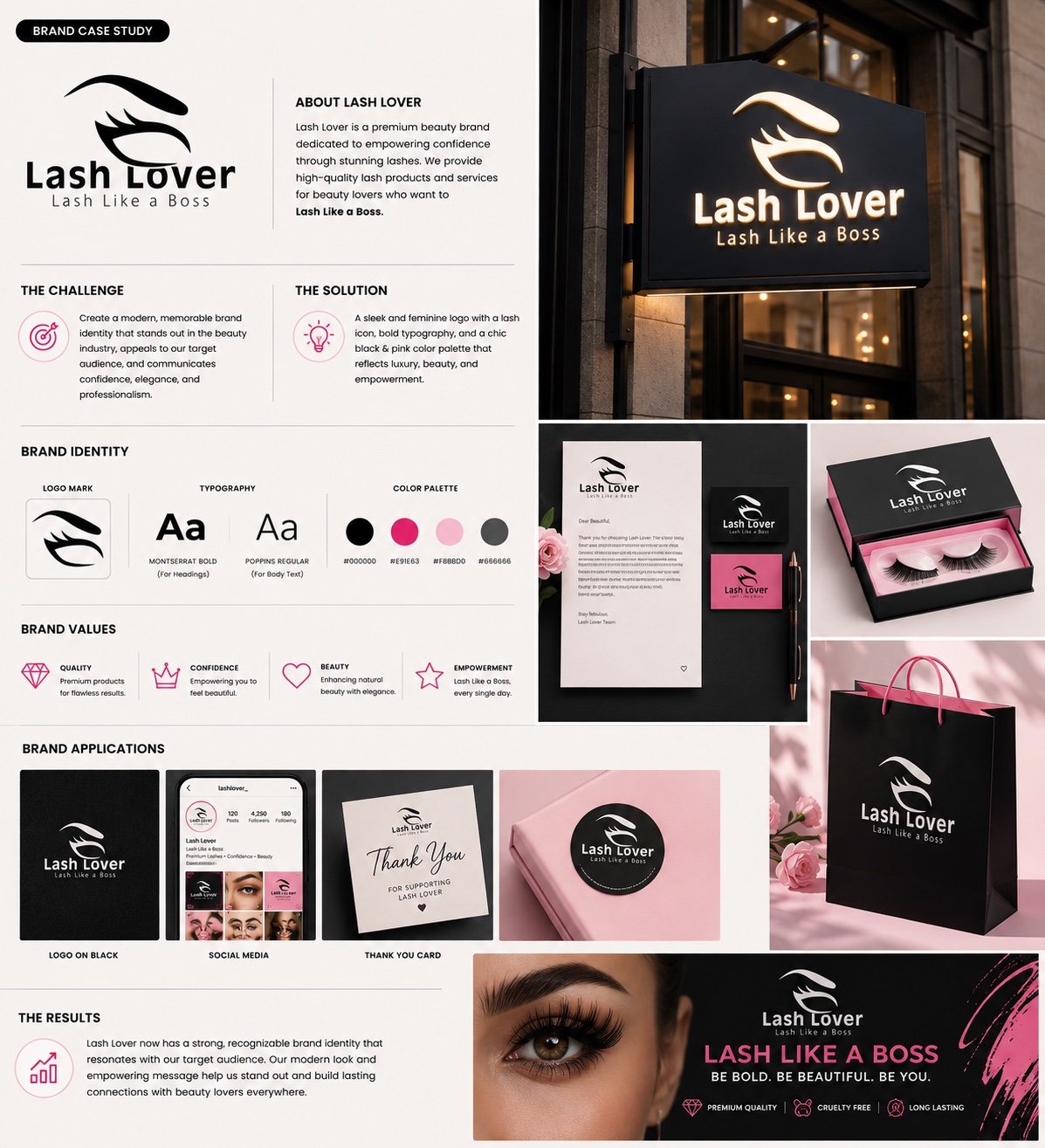 Lash Lover brand identity case study showing the lash logo, black-and-pink palette, packaging, storefront sign, social profile, and customer collateral.