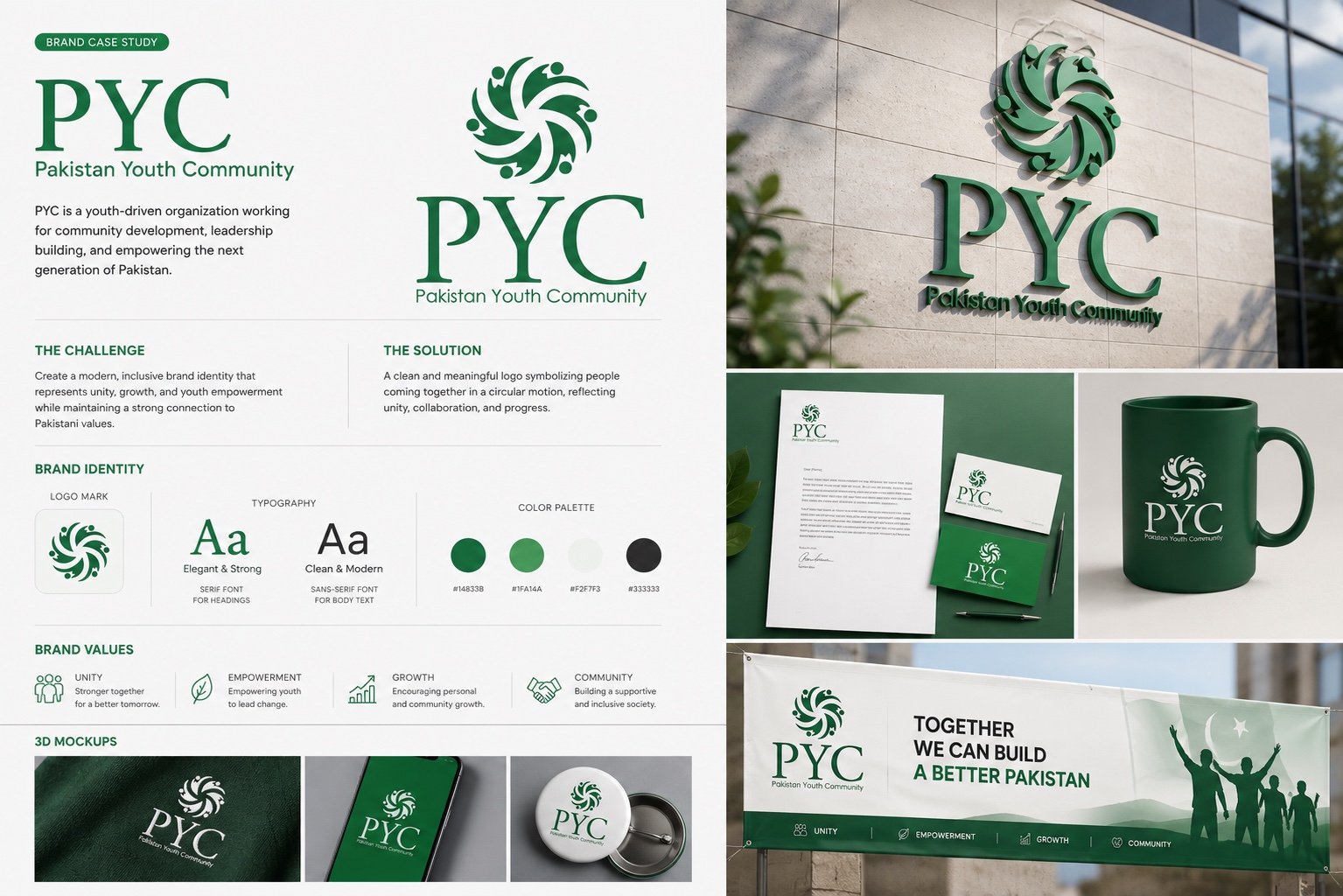 PYC brand identity case study showing the logo system, green palette, stationery, merchandise, signage, and campaign banner.