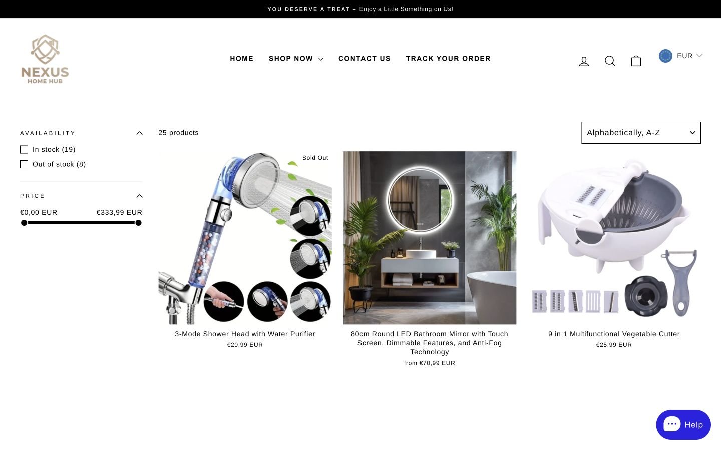 Nexus Home Hub product collection view showing the multi-category catalogue.