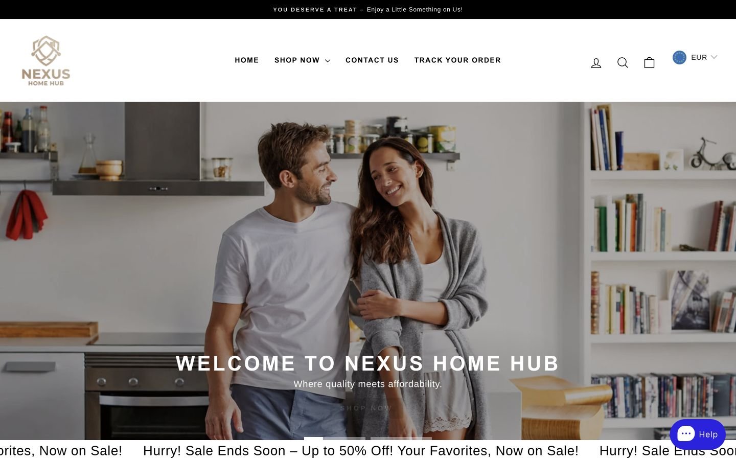 Nexus Home Hub desktop storefront with category-led navigation and a home lifestyle hero.
