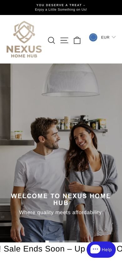 Nexus Home Hub mobile storefront showing responsive navigation and the home lifestyle hero.