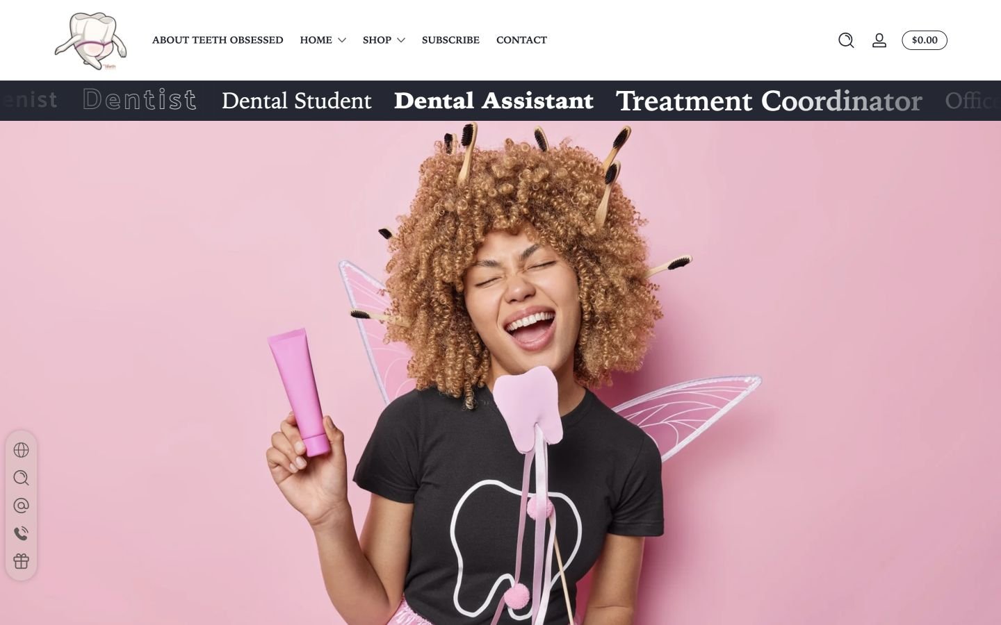 Teeth Obsessed desktop storefront with dental lifestyle branding and product-led navigation.