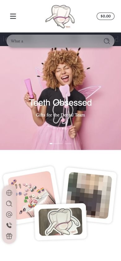 Teeth Obsessed mobile storefront showing the responsive homepage and dental product imagery.